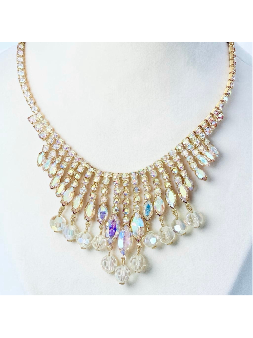 Vintage Aurora Borealis Rhinestone Necklace Gold Tone Fringe Bib Austrian Style - Picture 6 of 9